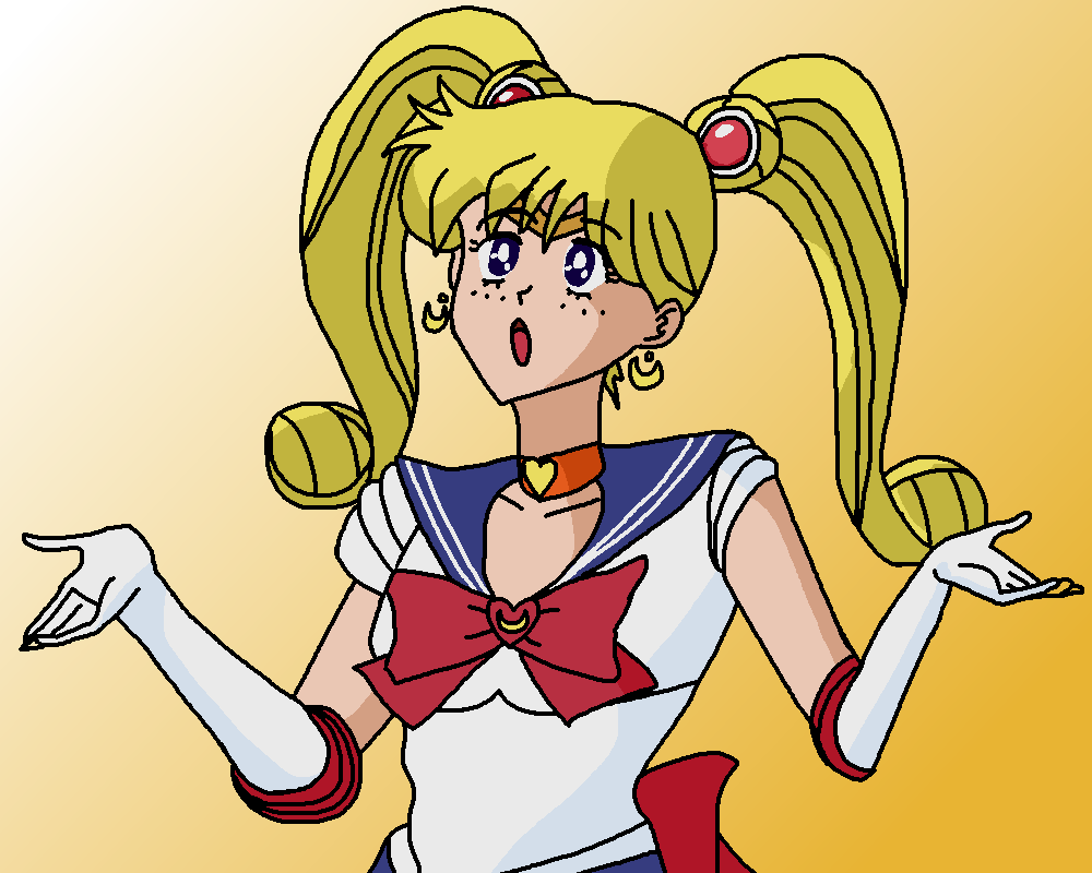Aino Minako from Sailor Moon dressed as Sailor Moon, shrugging with confusion