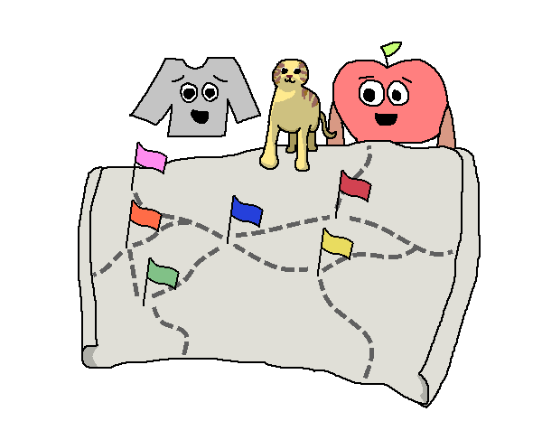 Jumper, the cat, and Apple overlooking a map