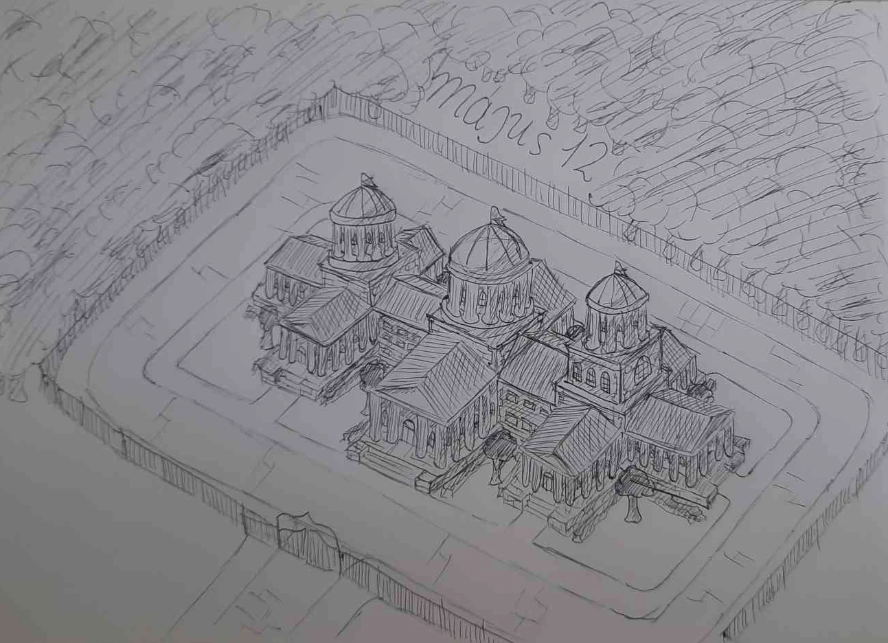 Drawing of a small estate in the woods.
